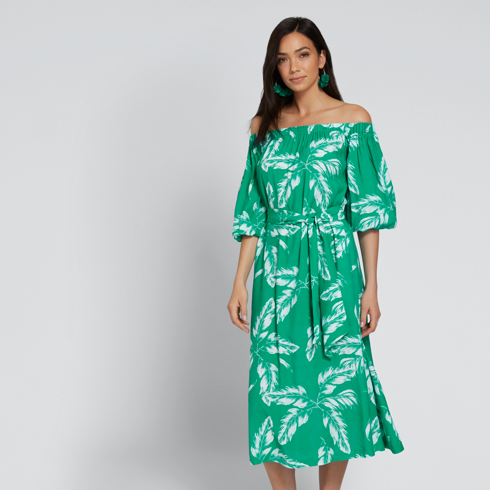 OFF-SHOULDER PALM DRESS